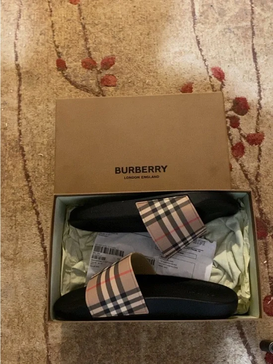 Burberry Men’s Plaid Slide Sandals in Beige and Black - Picture 1 of 3